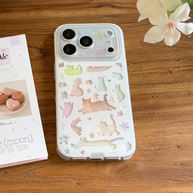 Color Cute Cartoon Cat Phone Case For Apple iPhone 17 Pro 16 15 14 Pro Max Protective Cover Fashion Shockproof Cases For iPhone