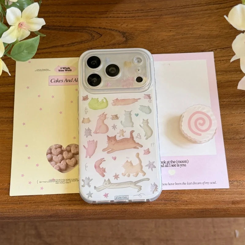 Color Cute Cartoon Cat Phone Case For Apple iPhone 17 Pro 16 15 14 Pro Max Protective Cover Fashion Shockproof Cases For iPhone