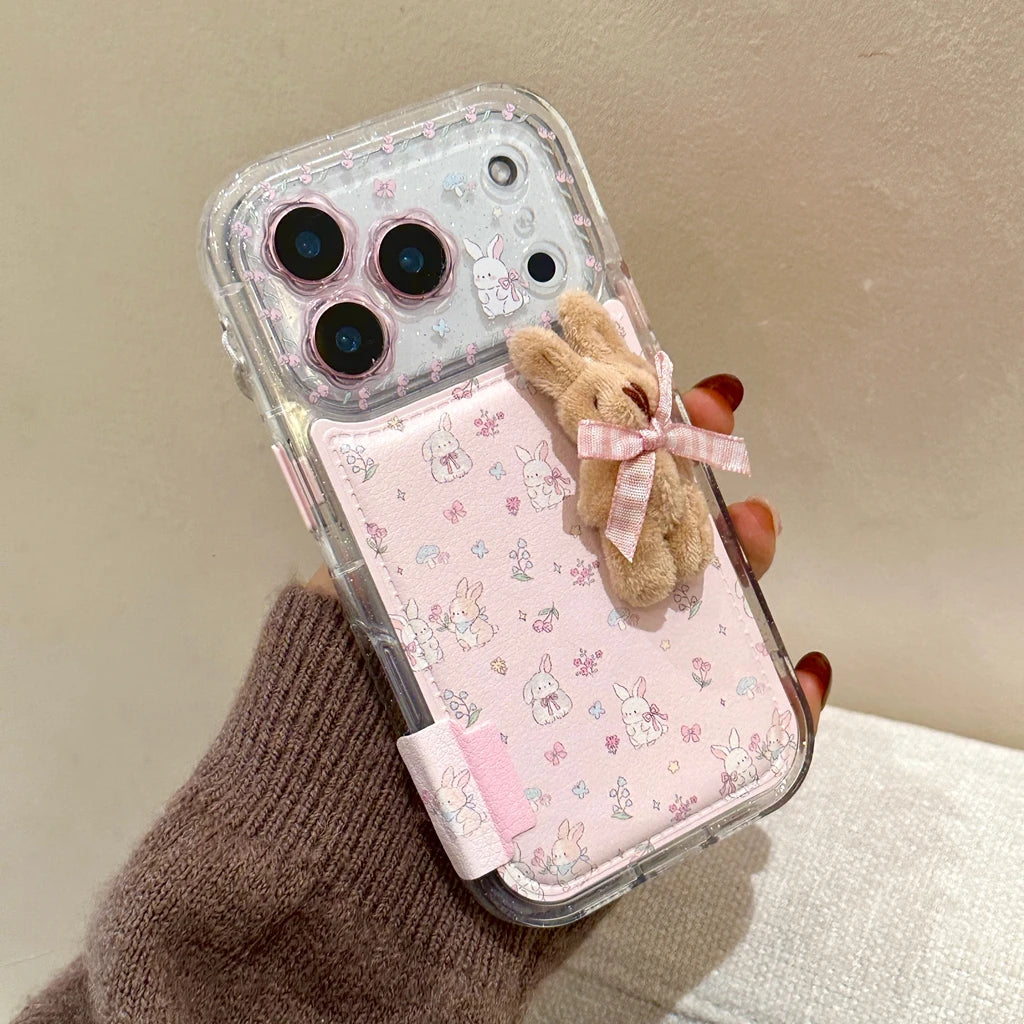 Sweet Cute Stereoscopic Plush Rabbit Flower Lens Artificial Leather Shock Proof Phone Cover Case for iPhone 17 16 15 14 Pro Max